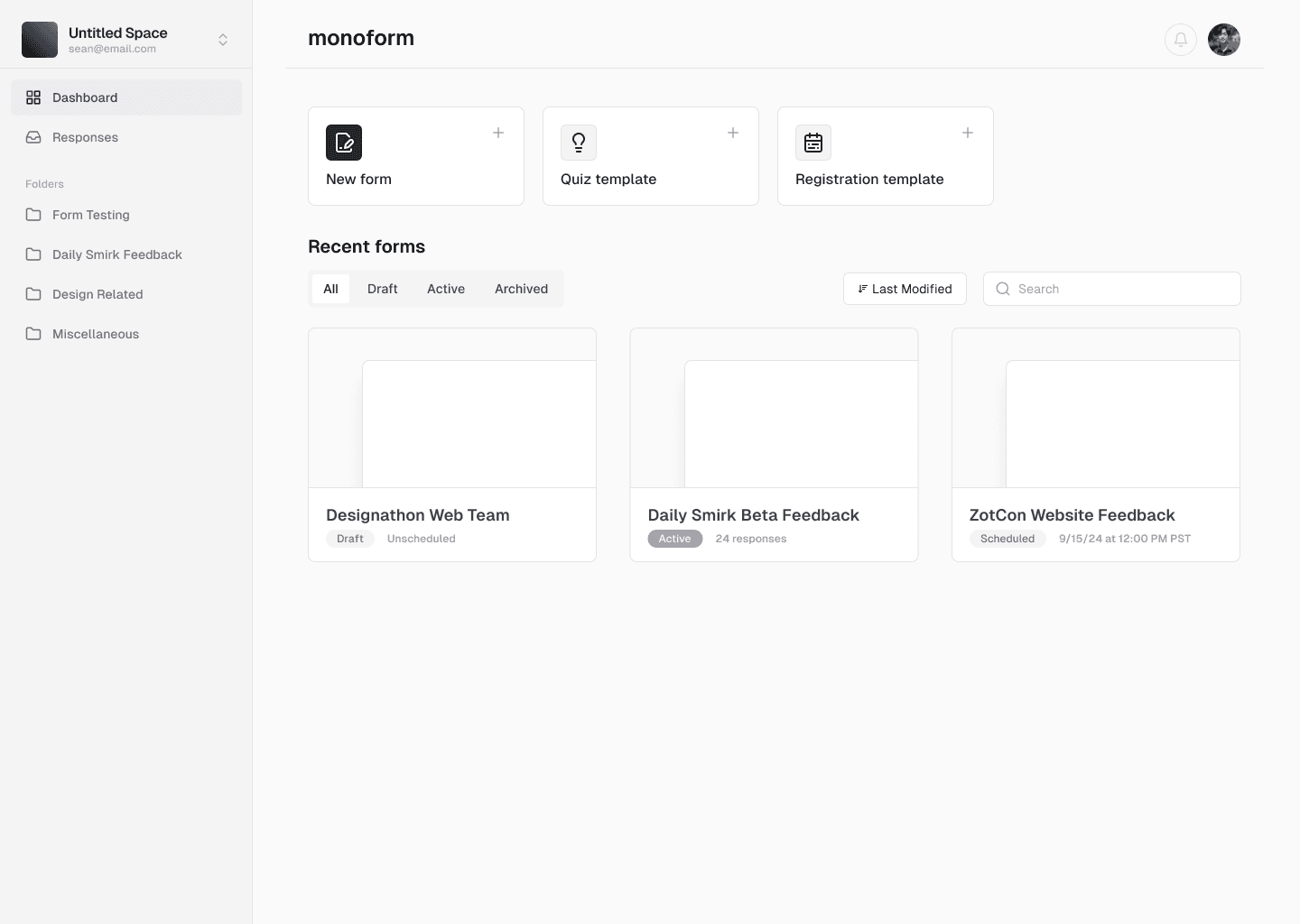 Monoform dashboard page