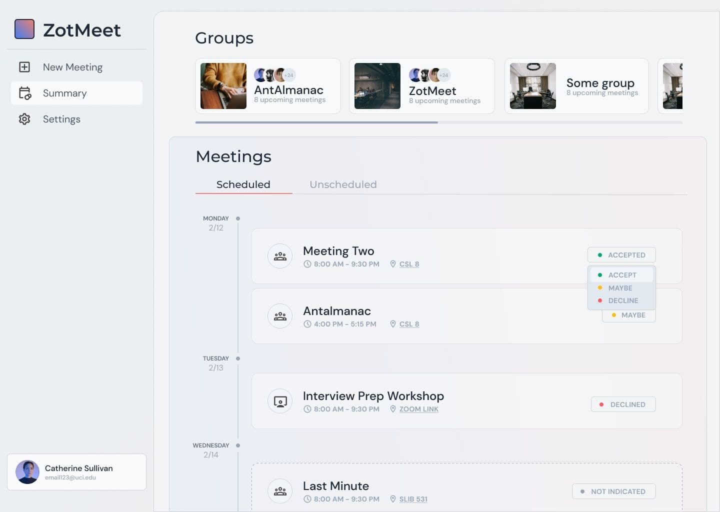 Design Preview of ZotMeet Summary Page